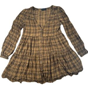 Urban Outfitters Plaid Mini Dress Size XS Brown Boho Cottagecore Grunge 90s Look